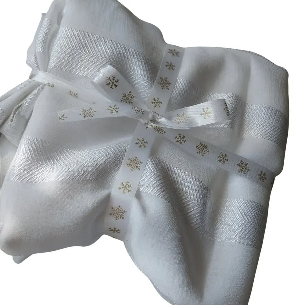 FRESH, AIRY WHITEST WHITE SHEER RIBBON HORIZONTAL STRIPED FABRIC SHOWER CURTAIN!